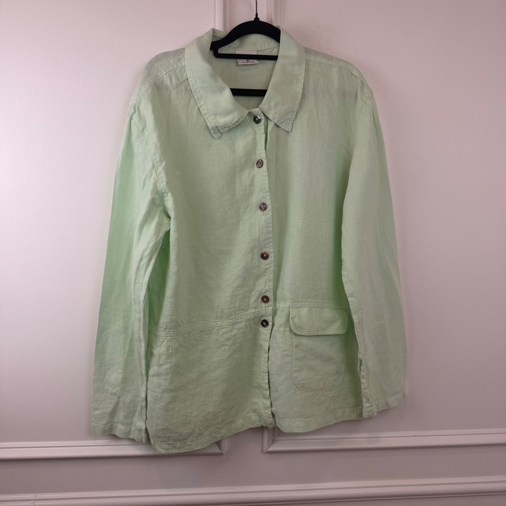 Click Women L Linen Button Down Shirt Mint Green Long Sleeve Made in USA Blouse